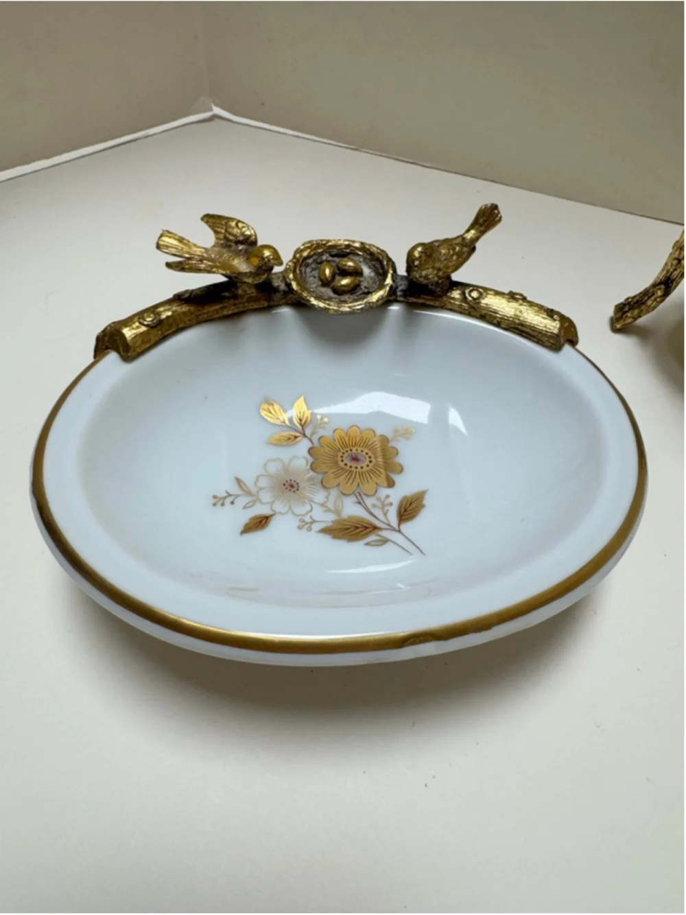 Lefton China White and Gold Bird Bath Vanity Hollywood Regency- 3 pc Set